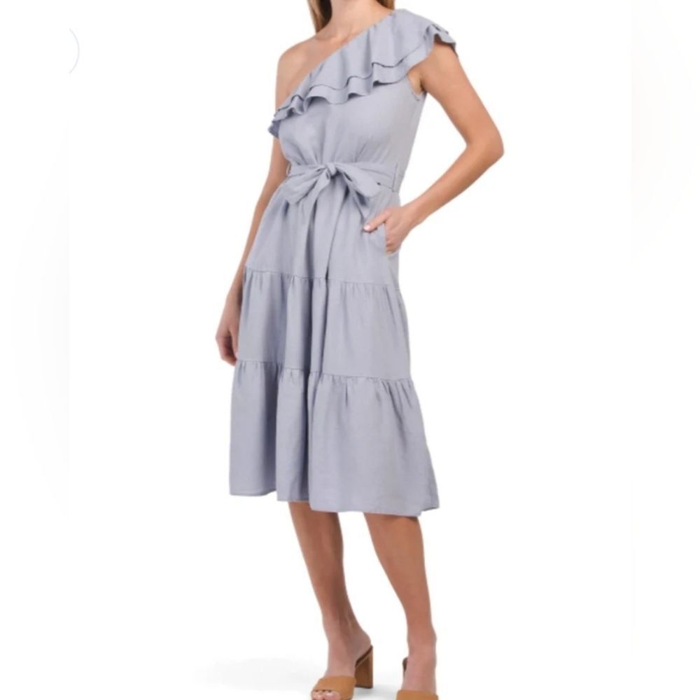 Nicole Miller Blue Asymmetrical One Shoulder Ruffle Trim Linen Midi Dress Size L